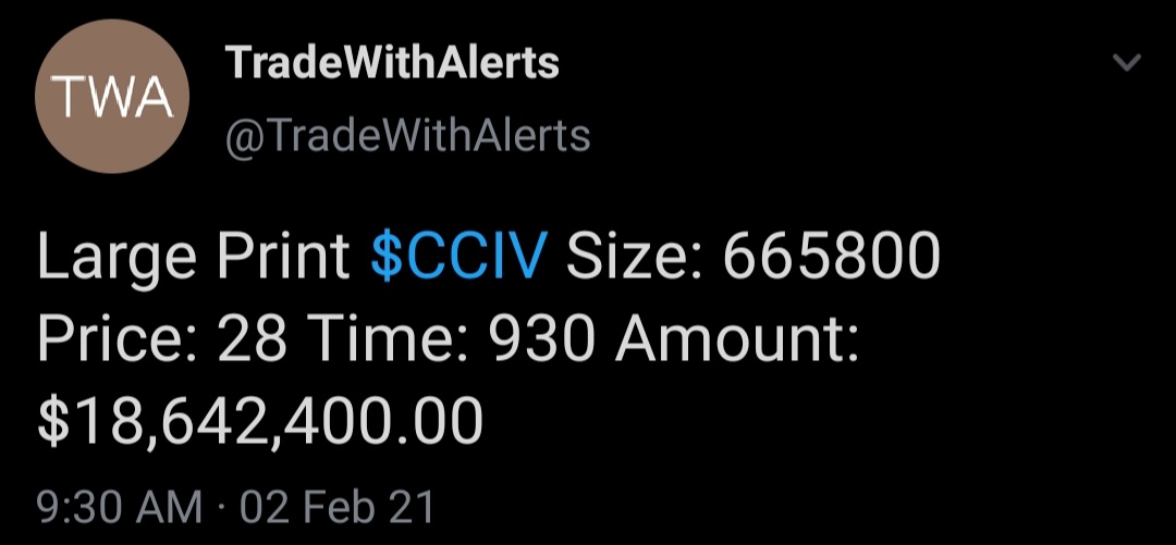MNTonX's tweet photo. $CCIV - the second large order that went through today (pic of the first below)... seems like these have been more frequent lately. Hopefully we get a DA soon! #LucidClub https://t.co/uC7g8Ld2JW