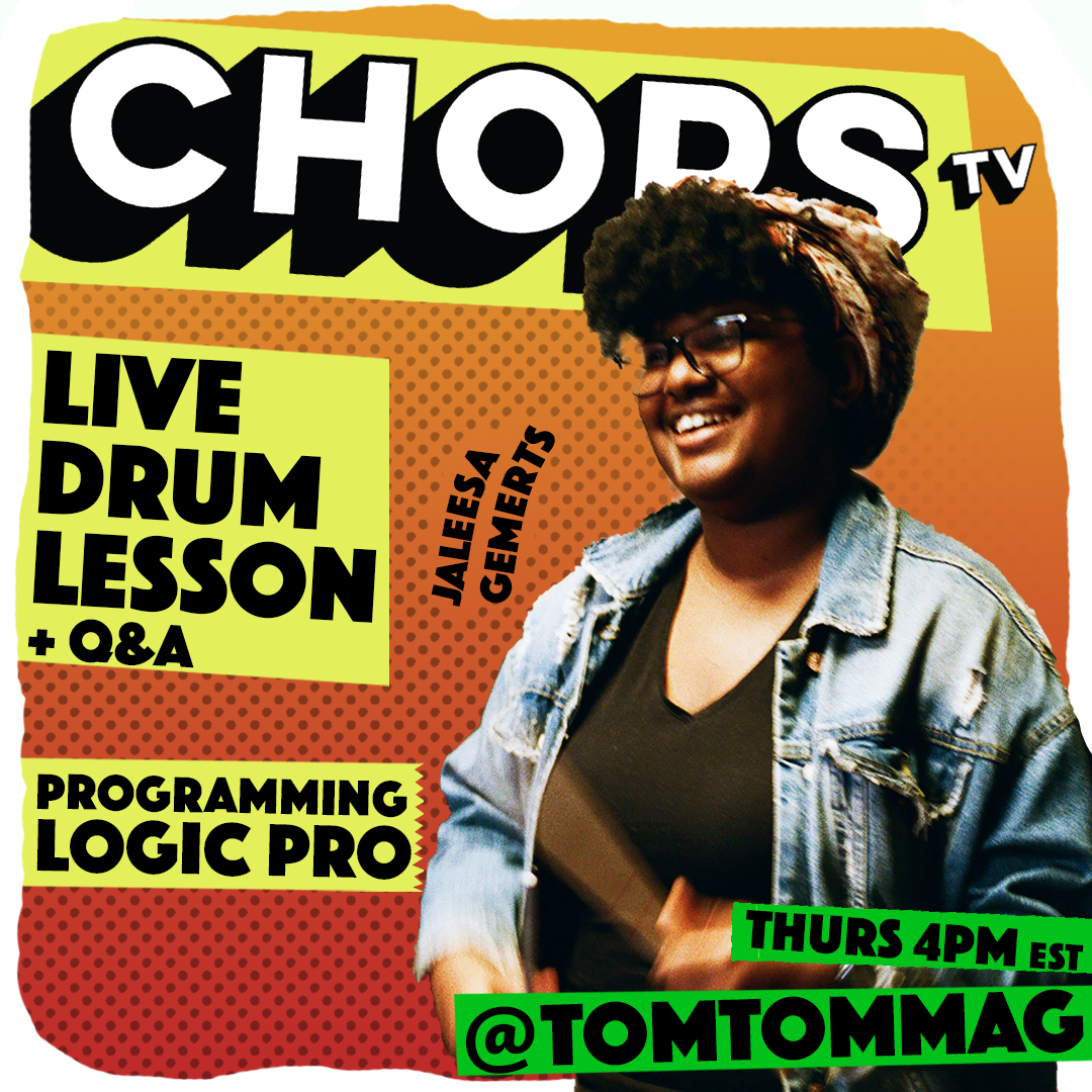 tomtommag's tweet photo. THURSDAY! Join us for a CHOPS TV session in “Programming Drums on Logic Pro X” with Jaleesa Gemerts. Jaleesa is a drummer/producer from Amsterdam, based in London. She's sessioned with artists such as Kari Faux, George Ezra and Brian Eno. See you at 4pm EST. #chopstv https://t.co/ytpAlkGb9a