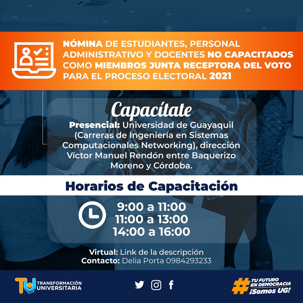 PacoRector's tweet photo. 📚Transformación Universitaria✨
Si eres miembro de la junta receptora del voto, y AÚN NO TE CAPACITAS, recuerda que puedes hacerlo en línea, ingresando al siguiente link: https://t.co/tkzymHbZ5a
#TransformaciónUniversitaria
#SomosUG
#VolvernosAEncontrar
#2021ready https://t.co/tuPcJlapIb