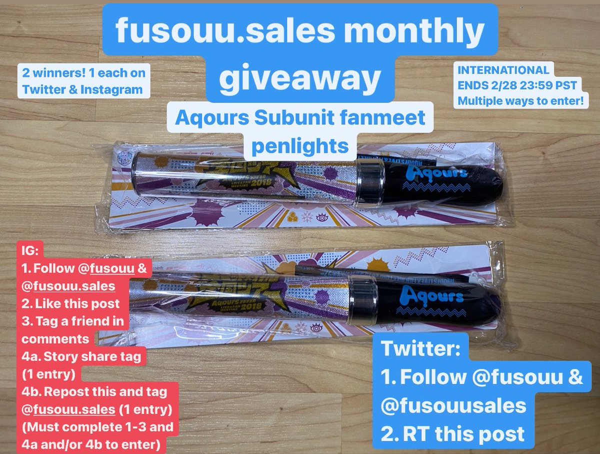 fusouusales's tweet photo. This month’s giveaway prizes are Aqours Subunit fanmeet penlights!

How to enter:
⭐Follow @fusouusales &amp; @fusouu
⭐RT this post (No QRT)
-------------------------------------
⭐International
⭐2 winners! 1 on Instagram &amp; Twitter
⭐Ends 2/28 23:59 PST
#lovelive #aqours https://t.co/aTpAlqbY1t