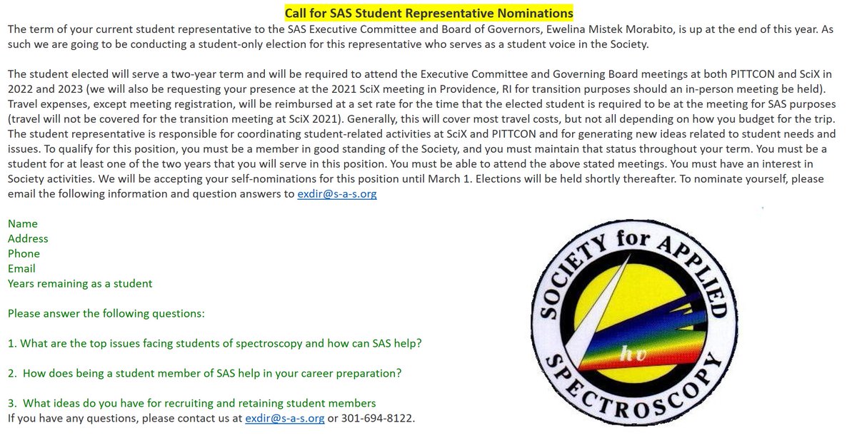SocAppSpec's tweet photo. Nominations for #SAS Student Representive are OPEN! If you are looking for an excellent way to engage with the #spectrocopy community and #volunteer with the Society, we encourage you to apply. Nominations will be accepted until March 1st! https://t.co/2MH0LmLRDT