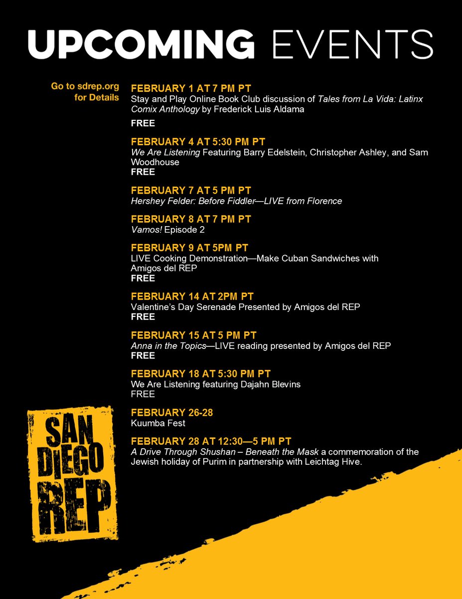 SanDiegoREP's tweet photo. February is another full month of virtual events at The REP - and we are so excited to celebrate art, theatre, and culture through them with you! Many are free to join - for more details visit our website. #sdtheatre #sdrep https://t.co/k9WWHp8DAG