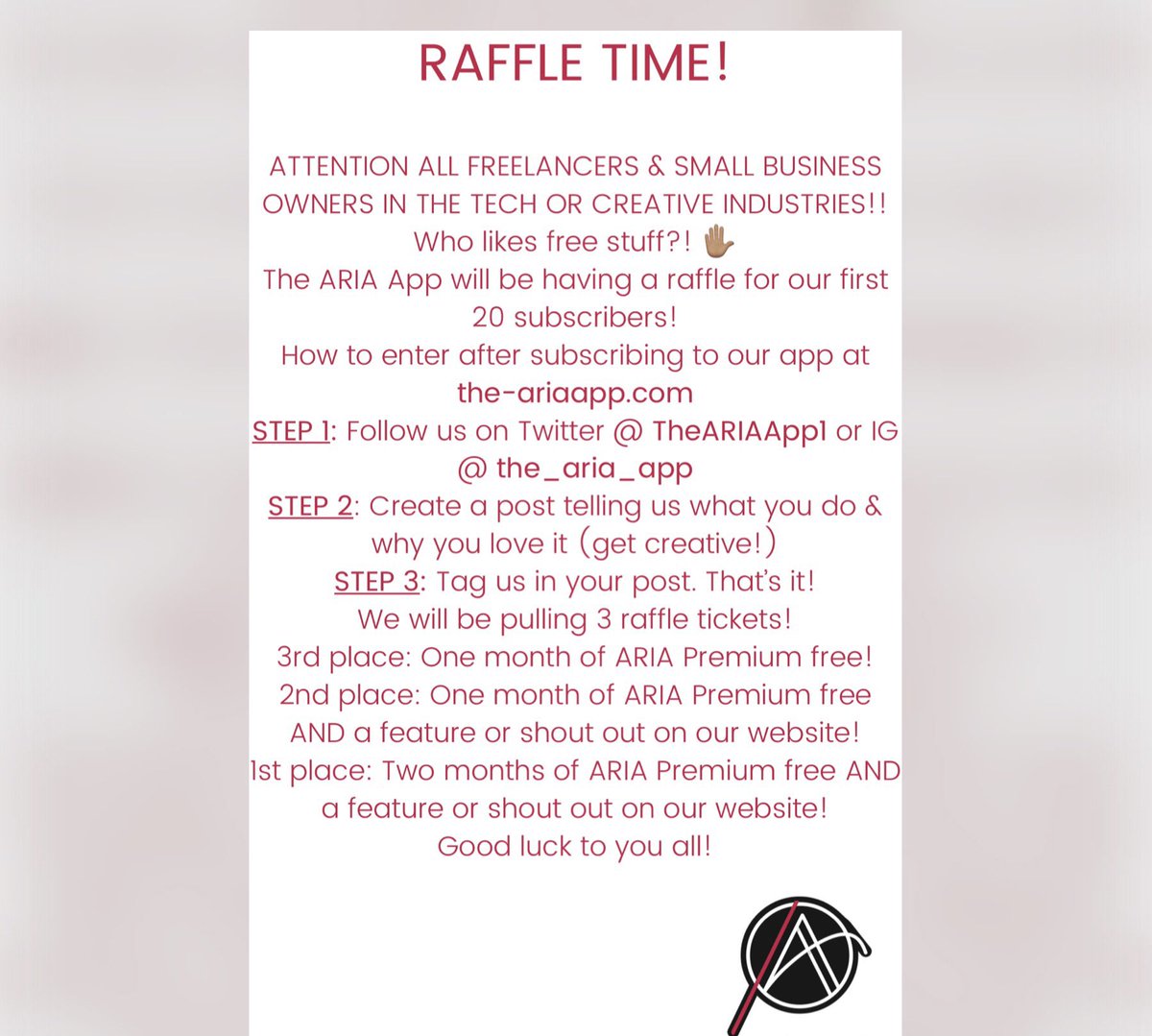 TheARIAApp1's tweet photo. Did someone say RAFFLE?! 

#askmeaboutmysoftware #theariaapp #freelance #freelancer #selfemployed #raffle #giveaway #contest #digitalwork #webdesigner #webdeveloper #creativeartist #womenintech #tech #free #winner #remotework #competition https://t.co/nL6lOabwKl