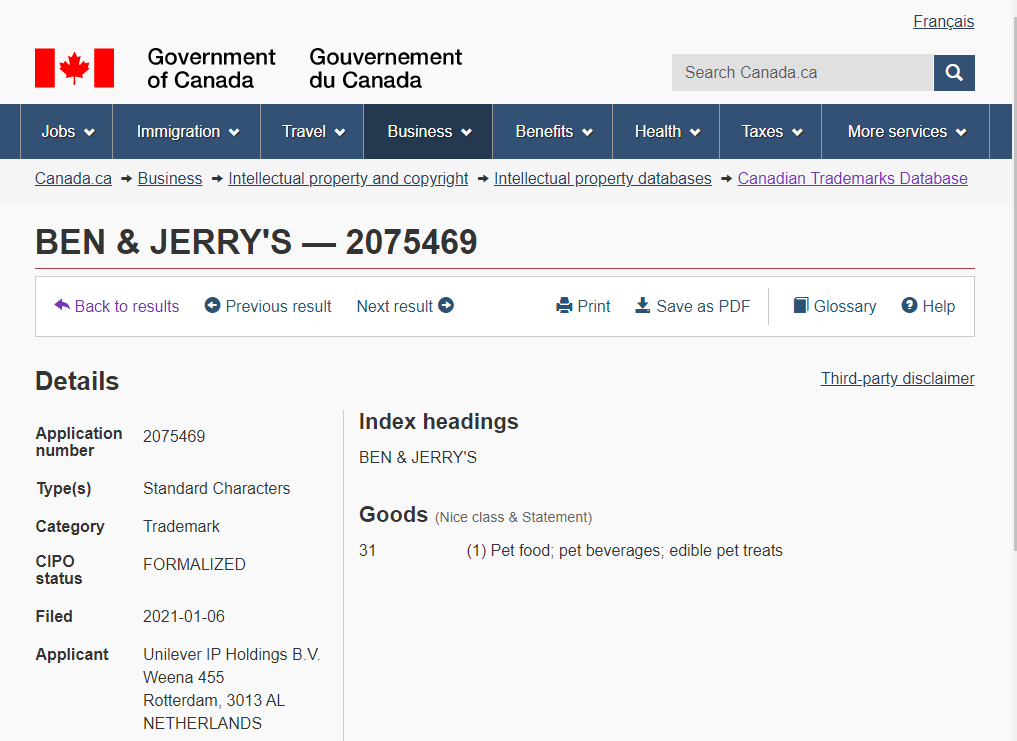 NitinGomber's tweet photo. Interesting trademark filing this past month: BEN &amp; JERRY'S  for pet food. It appears Ben &amp; Jerry's is preparing to sell its doggie desserts in Canada as well! #doglovers https://t.co/88LgoJ9IFT