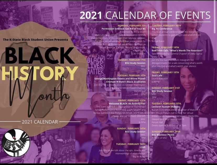 ksuhalo's tweet photo. In February we celebrate Black History Month and continue to advocate for equality. Please see the events that Kansas State Black Student Union will be hosting for the month! 🙌🏽 https://t.co/47bJvomy68