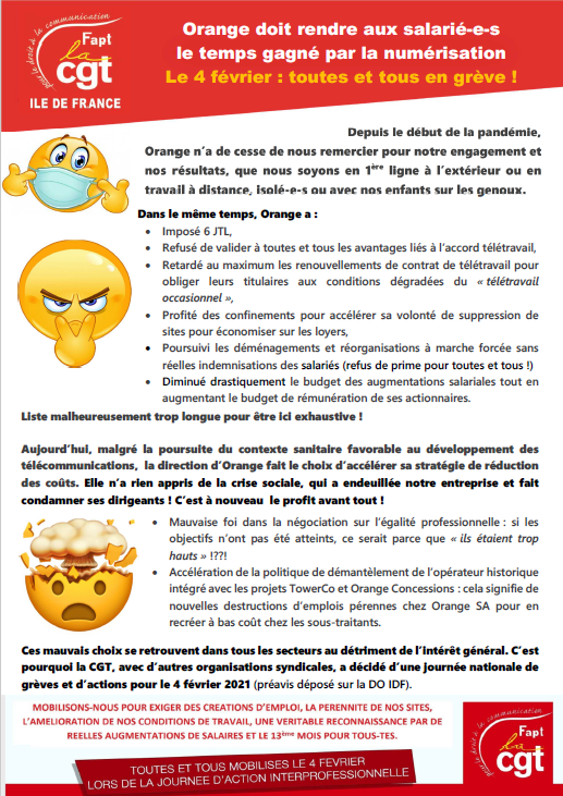 CgtTelecomParis's tweet photo. #4fevrier #Orange #DOIDF #BusinessAsUsual
Malgré la poursuite du contexte sanitaire favorable au développement des télécommunications, la direction d’Orange fait le choix d’accélérer sa stratégie de réduction
des coûts.
https://t.co/p0W6RGMQr8
https://t.co/pq1ozb6LY4 https://t.co/p76YKwXdij