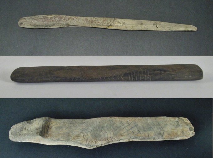 Thread: Objects made of stone, excavated in houses of the Mesolithic Lepenski vir culture, 6300 – 5990 BC, Danube Iron Gates gorge, eastern Serbia.  https://en.wikipedia.org/wiki/Lepenski_Vir All have carvings on the surface. Lengths: 35-45cm. Classified as "stone sceptres". But are they?