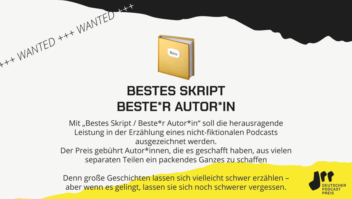 Hinter vielen guten Podcast steht ein gutes Skript. 
Wir wollen die Besten kennenlernen!

#dpp2021