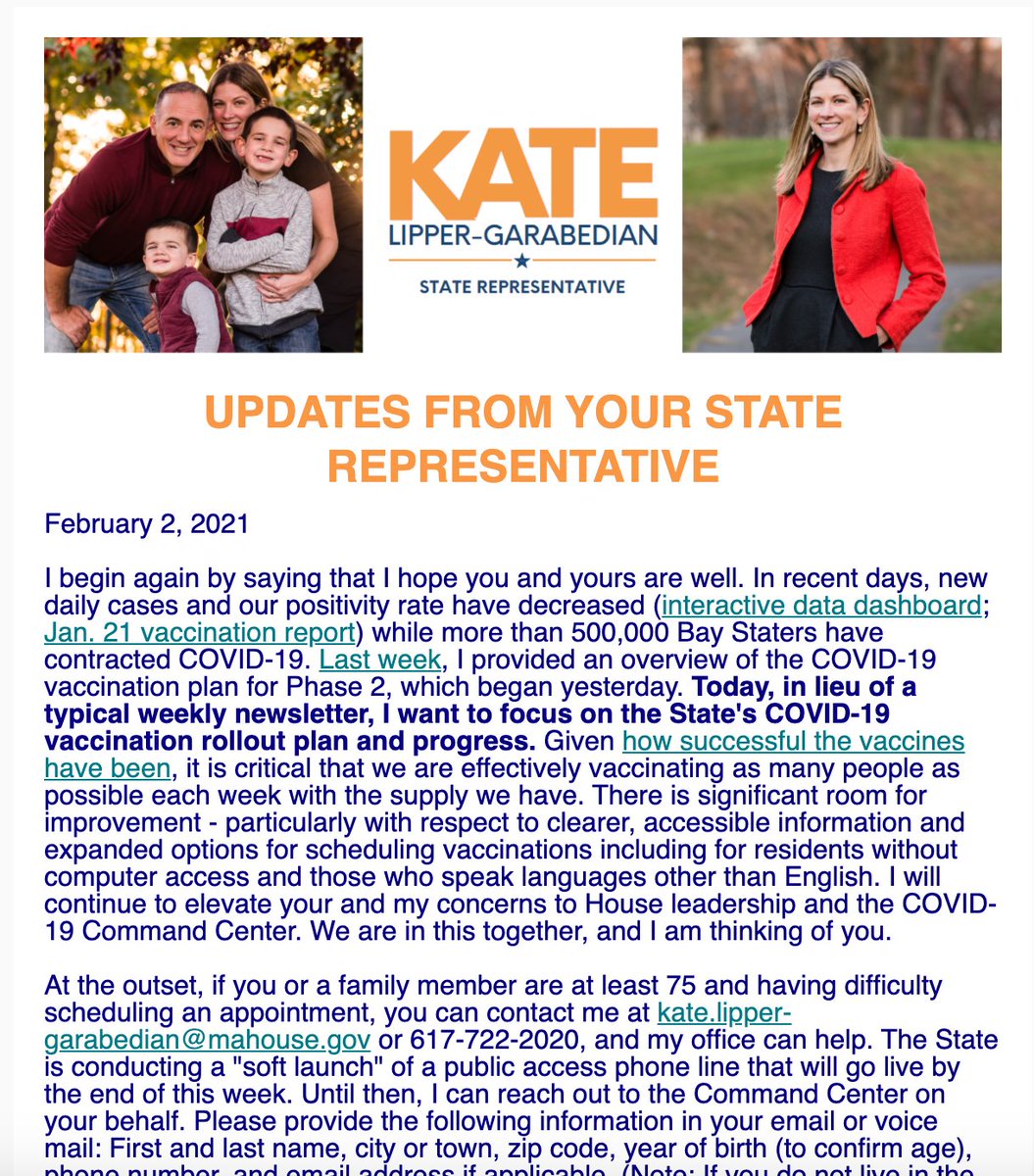 KateforRep's tweet photo. My weekly newsletter today focused solely on the State's vaccination rollout plan, with information about the phases, how to schedule an appointment, and other topics. Read it at https://t.co/CiZRiiSkqB. https://t.co/usVAVkJcaN