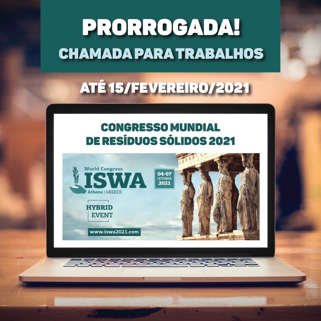 #IswaWorldCongress2021 

⚠️O prazo para submeter resumos foi prorrogado até 15/02⚠️

Não perca a chance de participar do principal Congresso Mundial de Resíduos Sólidos ♻️: iswa.org