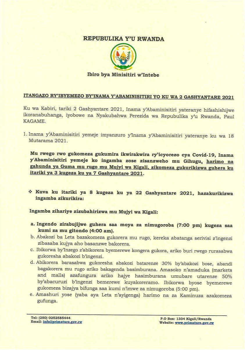 Office Of The Pm Rwanda Itangazo Ry Ibyemezo By Inama Y Abaminisitiri Yo Ku Wa 02 Gashyantare 21