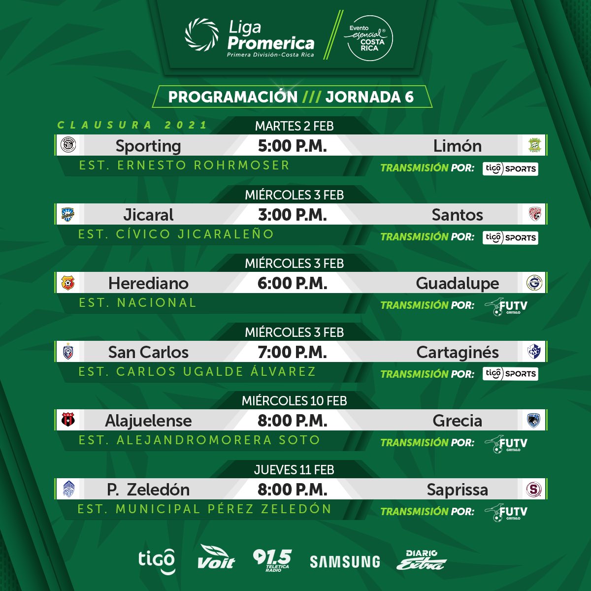 Twitter 上的 UNCAF / Oficial："¡Hoy fútbol en Costa Esta es la jornada 6 del Torneo 2021 de la Liga Promerica. https://t.co/3Trz6FMMUW" /