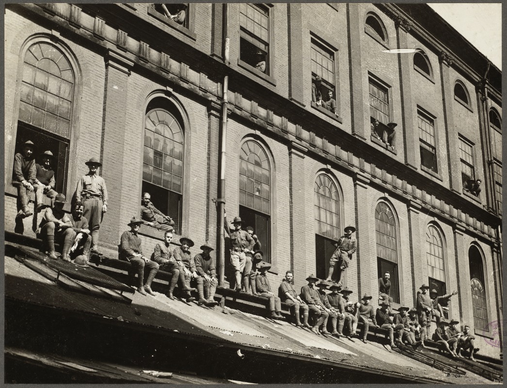 After negotiations were unsuccessful, 3/4 of the force went on strike. Military, guards, and student volunteers standing in for the police were harassed by those petitioning for a revamped police force. This photo shows National Guardsmen at Faneuil Hall during the strike