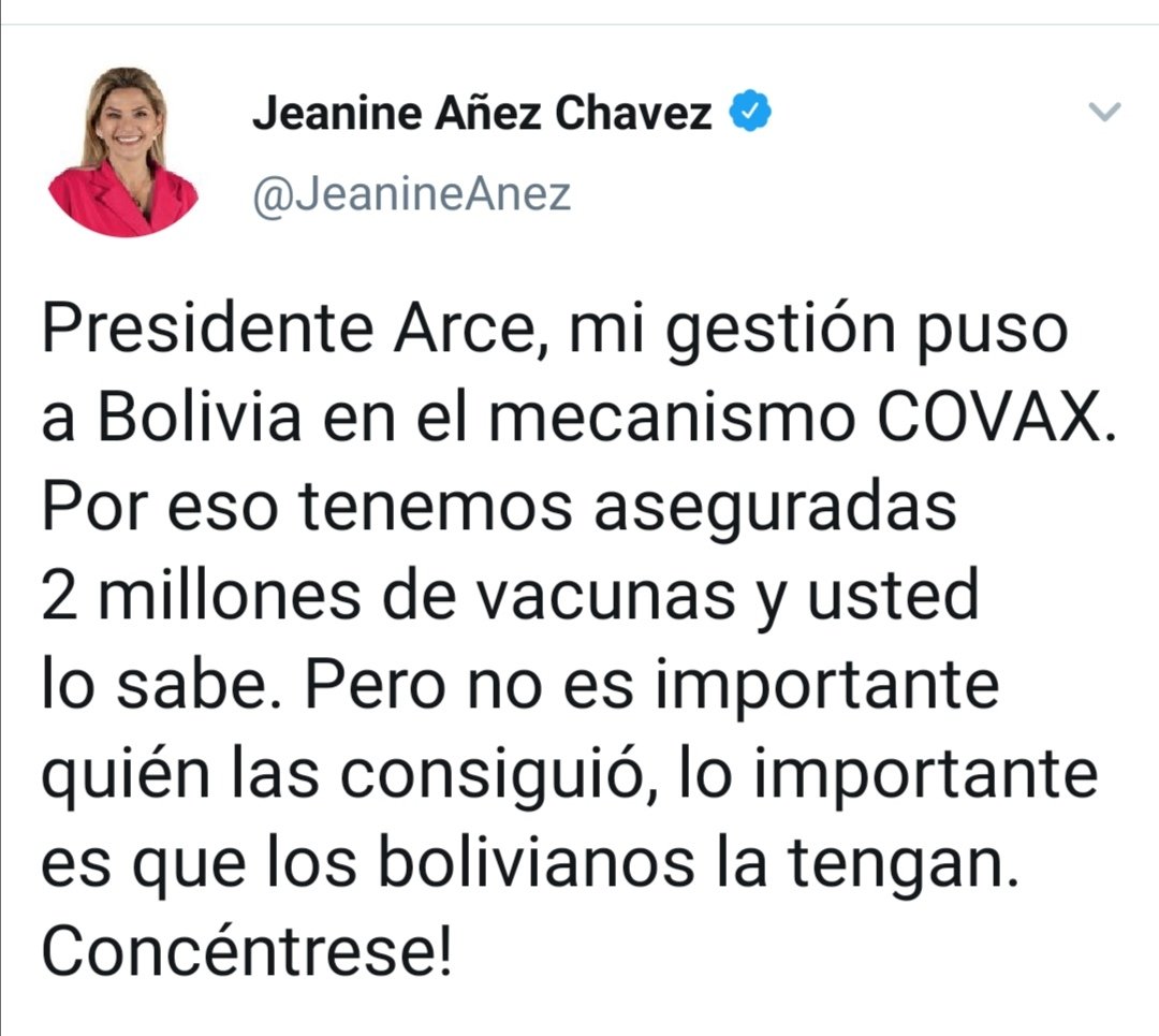 HugoSilesNdelP's tweet photo. Sigue siendo un insulto a la inteligencia de todos, que la titular, y responsable del Gobierno de facto, corrupto, asesino y funesto de Bolivia: @JeanineAnez, pretenda adjudicarse gestiones de Salud que nunca hizo. Oportuna aclaración de la @ONUBolivia, sobre el mecanismo COVAX. https://t.co/YcjAidc3OL