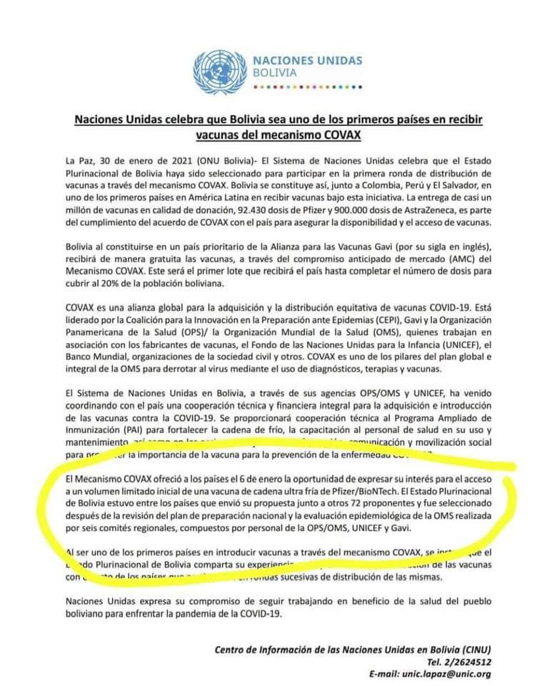HugoSilesNdelP's tweet photo. Sigue siendo un insulto a la inteligencia de todos, que la titular, y responsable del Gobierno de facto, corrupto, asesino y funesto de Bolivia: @JeanineAnez, pretenda adjudicarse gestiones de Salud que nunca hizo. Oportuna aclaración de la @ONUBolivia, sobre el mecanismo COVAX. https://t.co/YcjAidc3OL