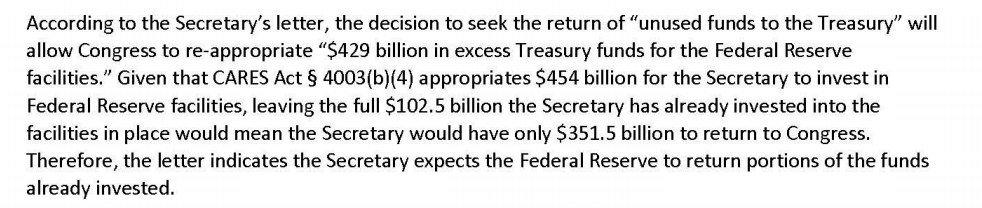 SIGPR asked the right questions, including noting that, the contracts w/ the Fed did not contemplate such a legal requirement to return unused funds, and the Treasury needed the Fed's acquiescence to amend those contracts: