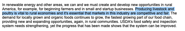 Vilsack also promised that poultry and livestock markets would be "competitive and fair" in his 2009 hearings.