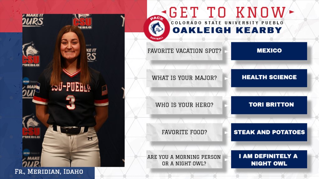 🚨We continue the countdown to opening day for <a href="/CSUPsoftball/">CSU-Pueblo Softball</a> and introduction of the 2021 roster.

With 1️⃣1️⃣ days until first pitch, we will introduce you to the team with a few "Get to Know" questions.

Next up, freshman Oakleigh Kearby!  🥎 

#DevelopingChampions #BeTheReason