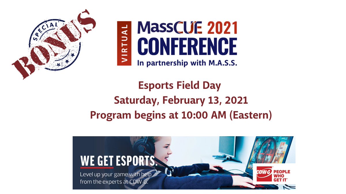 #MassCUE 2021 Virtual Conference is excited to announce a special BONUS day of programming on Saturday February 13, 2021! Join us for our exciting Saturday #Esports Field Day Event!!  <a href="/ZajacSLP/">Kim Zajac 🚗 ACTEM 🚗 MassCUE</a> <a href="/techlearning/">techlearning</a> #edchat #edtech  More info at bit.ly/3r5kXKR Register today!
