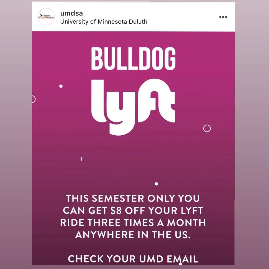 UMD Kirby Student Center (@kirbyumd) on Twitter photo Ay! Need a ride? Seems like we ALL do at some point, ya know?
WELP, <a href="/UMDuluthSA/">UMD Student Gov</a> has an #important new collabo with Lyft. Check your UMD email for details. Ay! Need a ride? Seems like we ALL do at some point, ya know?
WELP, <a href="/UMDuluthSA/">UMD Student Gov</a> has an #important new collabo with Lyft. Check your UMD email for details.