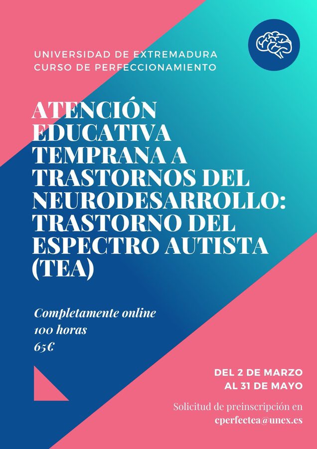 ¡Nueva edición! Curso de perfeccionamiento Atención Educativa Temprana a Trastornos del Neurodesarrollo - TEA en <a href="/infouex/">UEx</a>, ¡100 horas!
Más info 👉 cutt.ly/zj8cHiD
Preinscripción 👉hasta el 15/02  goo.gl/wRNiI9
Dudas ⁉️cperfectea@unex.es