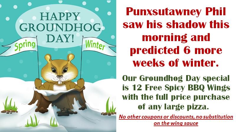 RustysBako's tweet photo. Our Groundhog Day special is 12 Free Spicy BBQ Wings with the full price purchase of any large pizza. https://t.co/q9CLSNNzvu