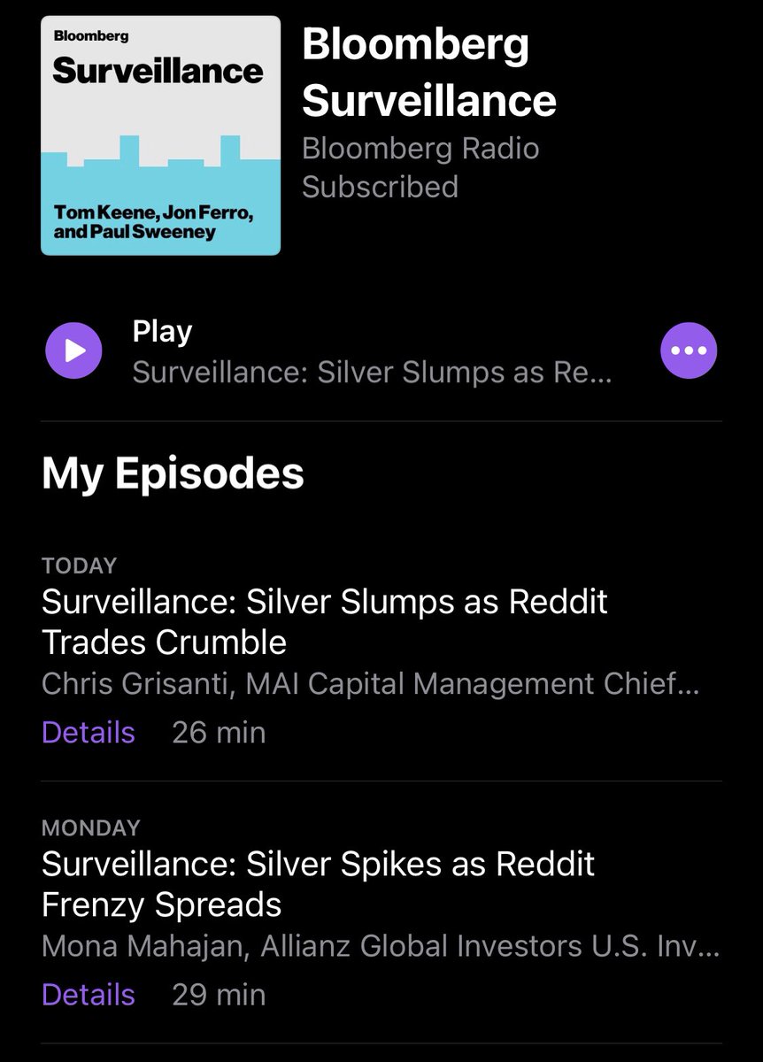 ysriram's tweet photo. Bloomberg Surveillance doesn’t mess around with podcast titles. #Silver #bloomberg #wallstreetsbets https://t.co/4qUg4dQTxZ
