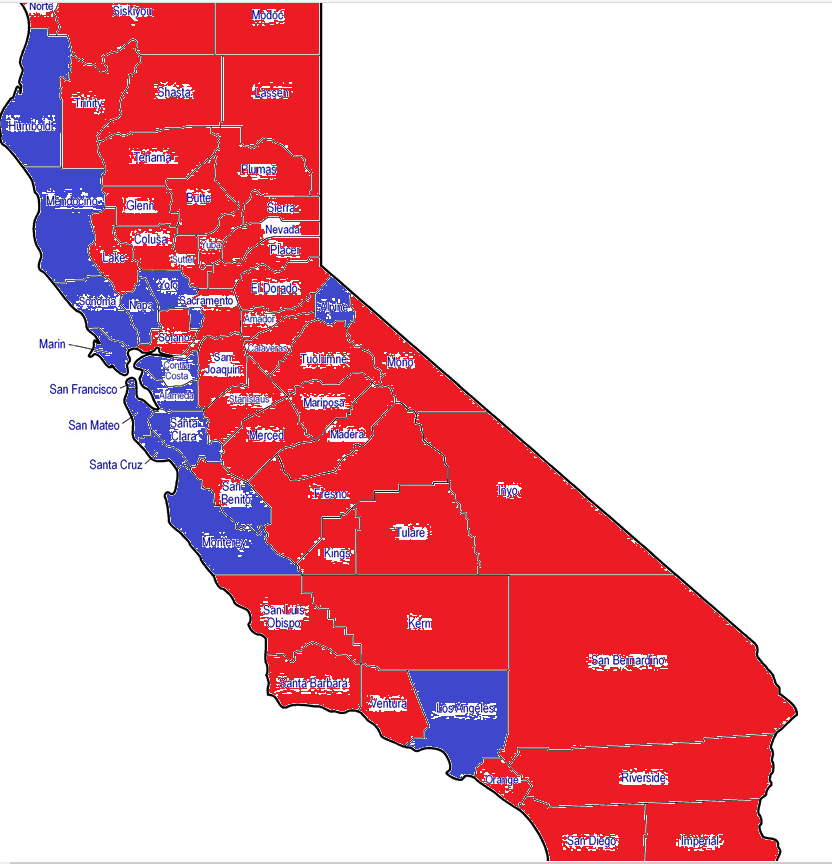 jim_niland's tweet photo. Just in case you're wondering, this is what a county map of a GOP victory looks like in CA. https://t.co/izDvn2aEkU