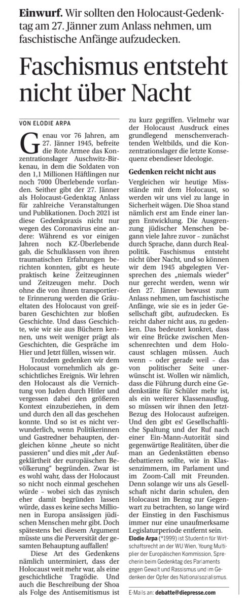 Habe letzte Woche einen Artikel in der Tageszeitung "Die Presse" zum Holocaust-Gedenktag veröffentlicht👇