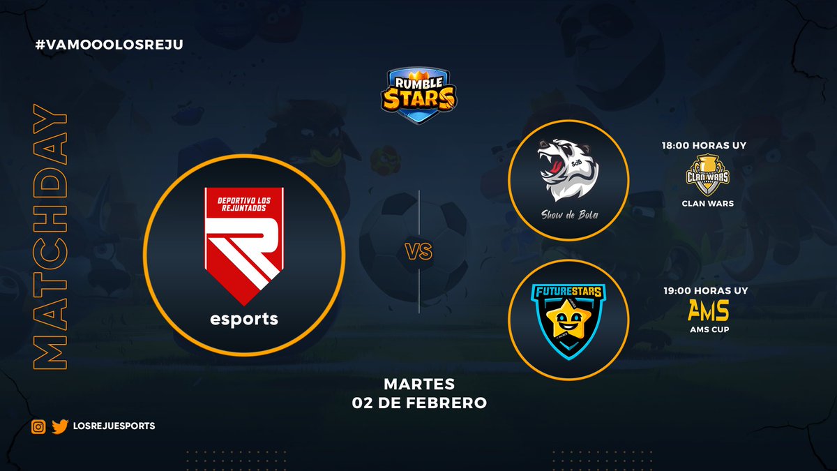 #RumbleStars • MATCHDAY

¡Doble jornada en la arena de <a href="/RumbleStars/">Rumble Stars Football ⚽️</a>!

🗓 Martes 02/02/21

🏆 <a href="/ClanWarsComp/">Clan Wars Competition</a> 
🆚 <a href="/ShowdeBolaPT/">ShowdeBola</a> 
⏰ 18:00🇺🇾

🏆 AMS Cup
🆚 <a href="/FutureStarsAS/">Future Stars</a> 
⏰ 19:00🇺🇾

#VamoooLosReju
