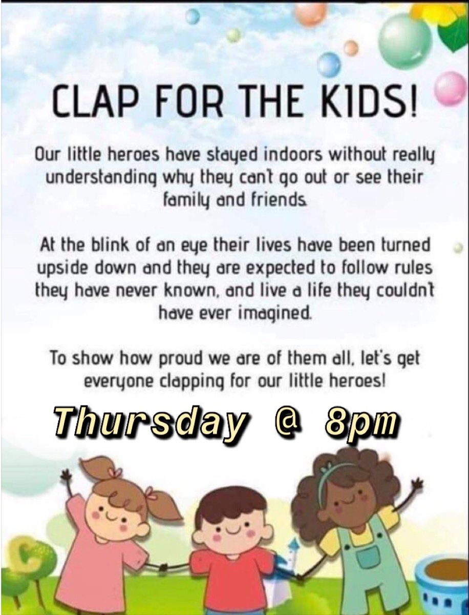 Dub_3's tweet photo. I will be joining @venetiaquick for the clap for kids this Thursday at 8pm will you ? @elainesim28 @Q102FeelGood #community #clapforkids @CllrOBrien @Sheilsob @Lorrainewxyz @reginacon1 https://t.co/ElTNefzQlR