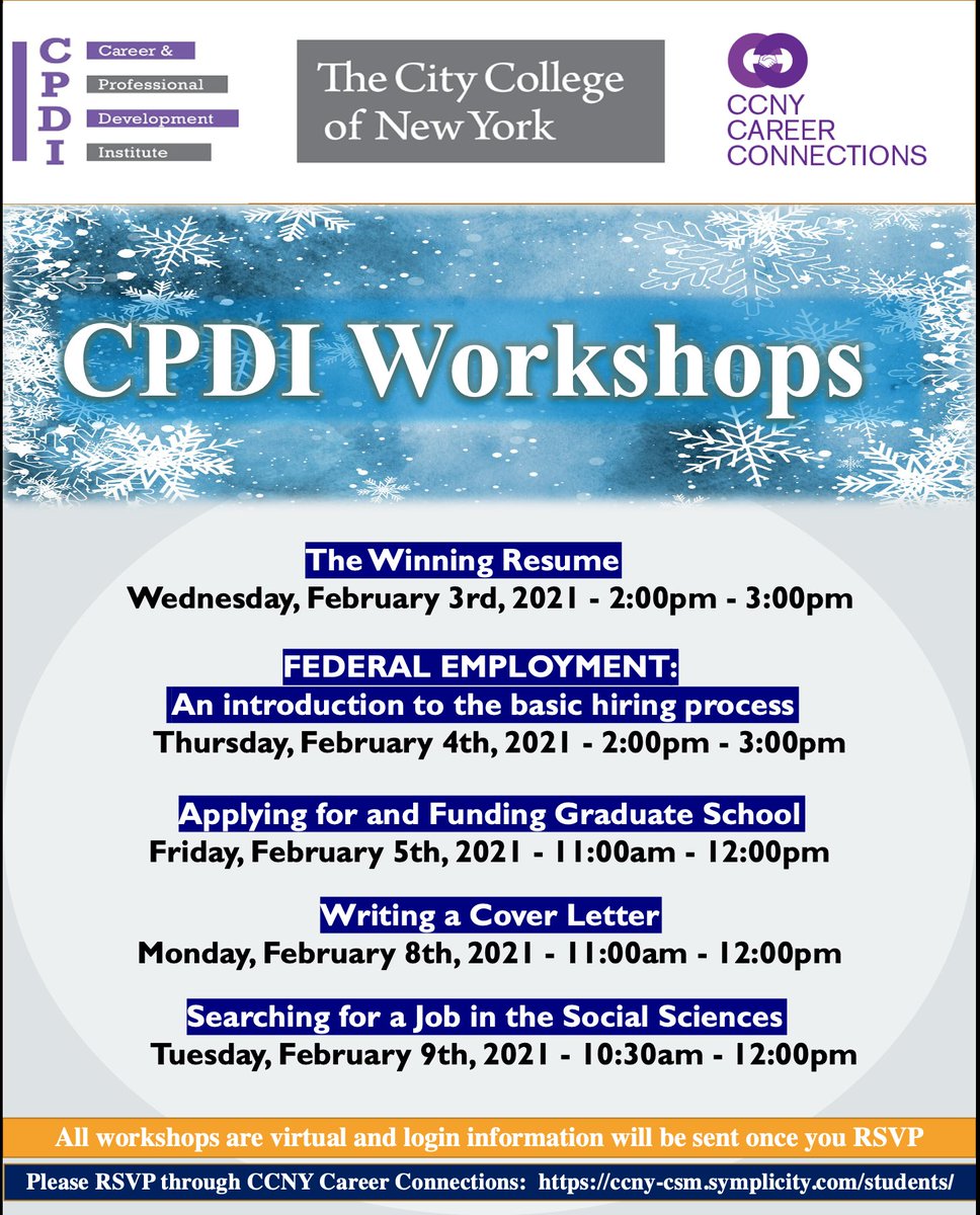 🗓 CPDI Workshops 

Make sure you RSVP through CCNY Career Connections: ccny-csm.symplicity.com/students/