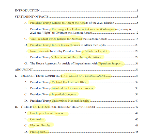Let's start by taking a look at the table of contents. After a 4-page intro (that's relatively long, don't love it), the brief spends a solid 30 pages walking through the facts underlying the impeachment - and, the subheadings tell us, tying in Trump's general refusal to accept