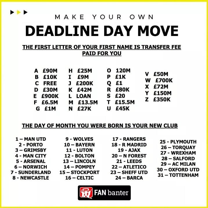 🔥 DEADLINE DAY 🔥

Just 4 fun which club are you going to and what's your fee? 😂

Mine is £350k and Grimsby 👍

#just4fun #TransferNews #DeadlineDay #Manchester #whereyougoing #knowyourworth