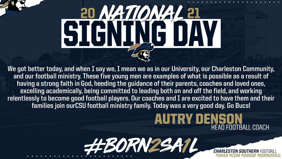 Charleston Southern Football (@csu_fb) on Twitter photo Big Day for @CSUFB tomorrow as we look forward to revealing the rest of the #NSD21 #BORN2SA1L signing class.
Take a look back at December and what <a href="/autrydenson/">autry denson</a> had to say about the early signees
📖: bit.ly/3tm3X4P Big Day for @CSUFB tomorrow as we look forward to revealing the rest of the #NSD21 #BORN2SA1L signing class.
Take a look back at December and what <a href="/autrydenson/">autry denson</a> had to say about the early signees
📖: bit.ly/3tm3X4P