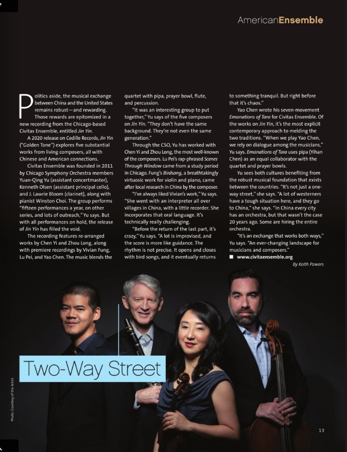 CivitasEnsemble's tweet photo. Thank you @CMA_Tweets for the feature on our album, Jin Yin! https://t.co/c8wmTse2dr

"It's an exchange that works both ways," Yu says. "An ever-changing landscape for musicians and composers." https://t.co/eGkOe6dxCB