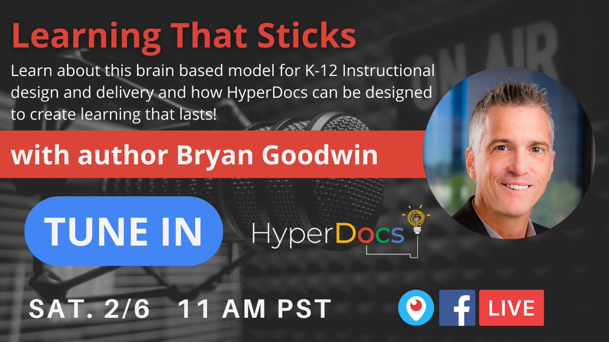 Bryan Goodwin is joining us! We are discussing all things sticky learning and lesson planning based on the brain research. #hyperdocs @bryanrgoodwin Mark your calendars! @kellyihilton @lhighfill