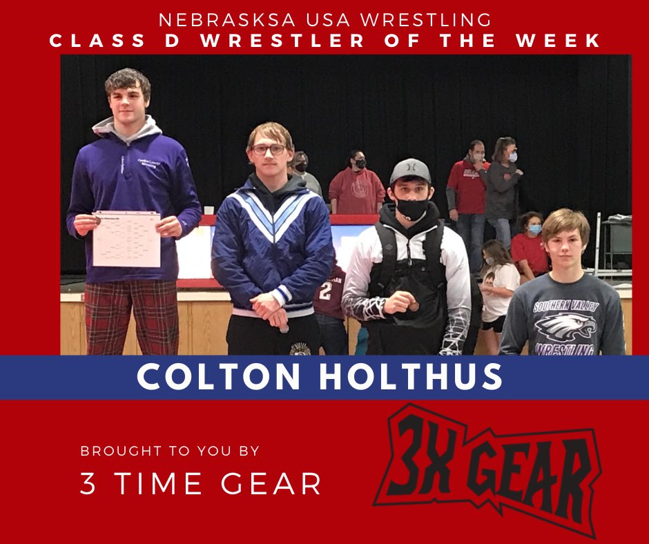 NEUSAWrestling's tweet photo. Nebraska USA Wrestling // High School Awards

CLASS D WRESTLER OF THE WEEK
Colton Holthus

Brought to you by:
@3XGear https://t.co/ITHJsarvff