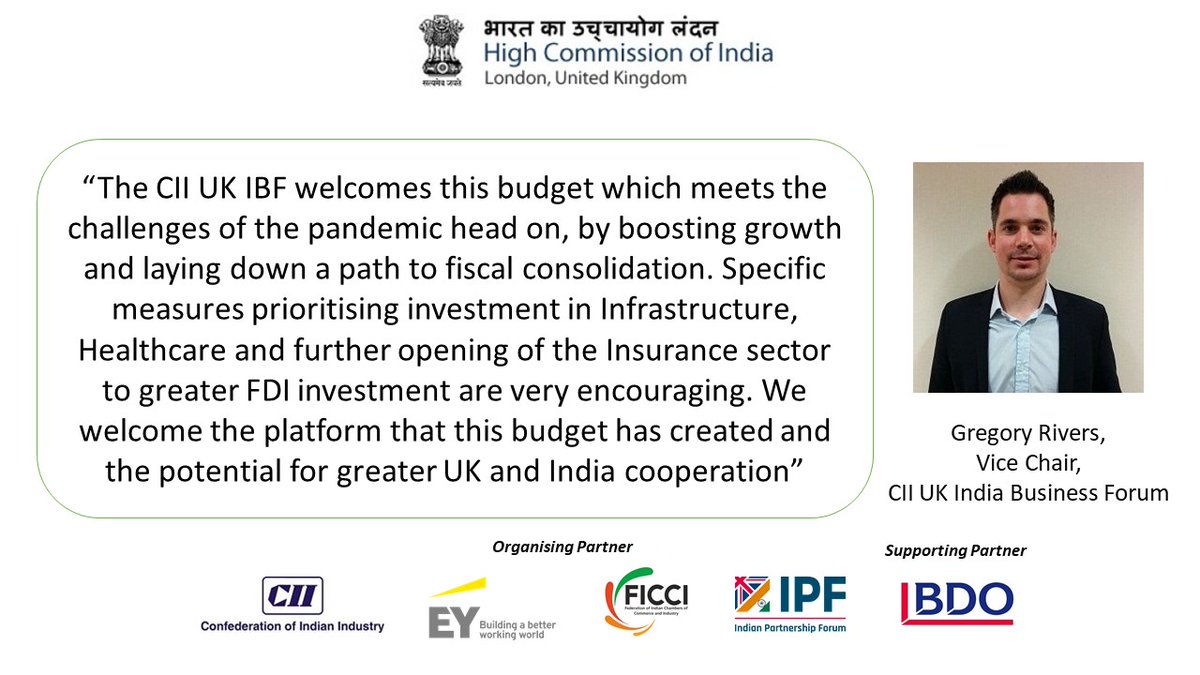 HCI_London's tweet photo. Gregory Rivers, Vice Chair @FollowCII UKIndia Business Forum #expertsaid at India's Union Budget 2021: An Interactive Session organised by 
@HCI_London in collaboration with @ficci_india @EY_UKI @ipforumnet and supported by @bdoaccountant https://t.co/ozbrwED2wh