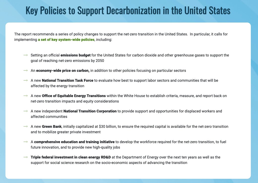 In particular, it calls for implementing a set of key system-wide policies (summarized in the image below), including: 1. Setting an official emissions budget for the U.S. reaching net-zero by 2050 #USDecarb