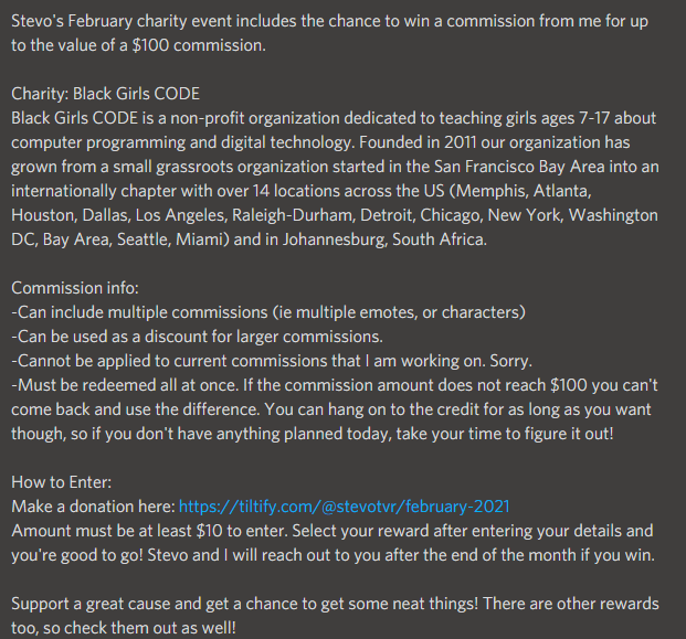 Nthn_Nomad's tweet photo. Hey! @stevotvr is doing a month long charity with the chance to win a $100 commission from yours truly!

Support a great cause, Black Girls CODE, and get entered into the giveaway or other rewards too! More info in the image.

https://t.co/W7CuK8bJSm

@supcreatorsPRO #charity https://t.co/CsmdHPAH4k