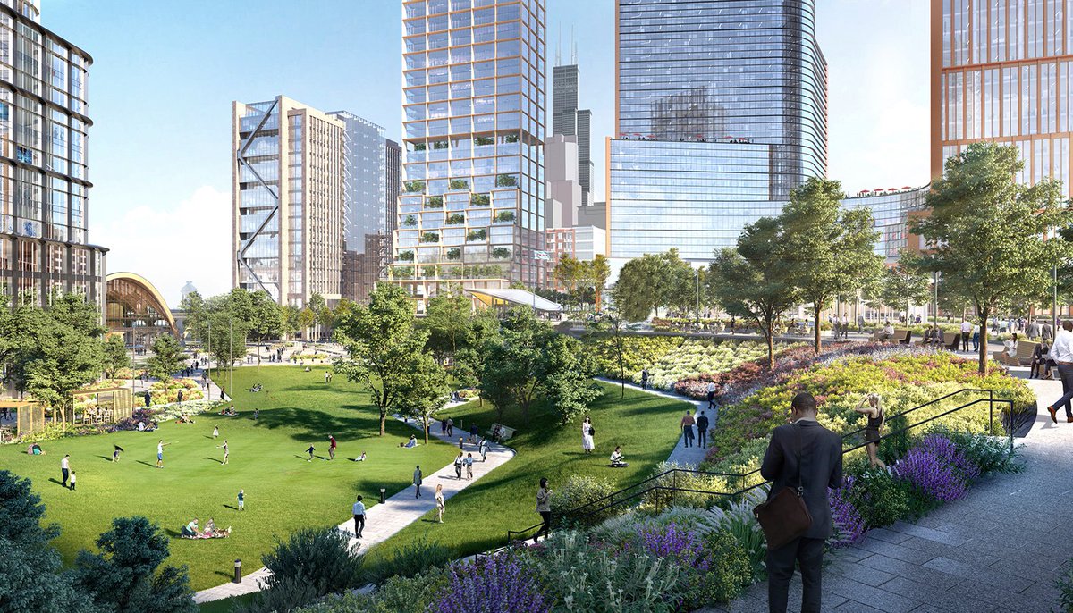 Both the 78 and Lincoln Yards in Chicago are planning similar open fields, packed with picnickers in the concept art. Of course, anybody living in the Midwest knows that such spaces would only really be comfortable for a short time in the spring and fall.