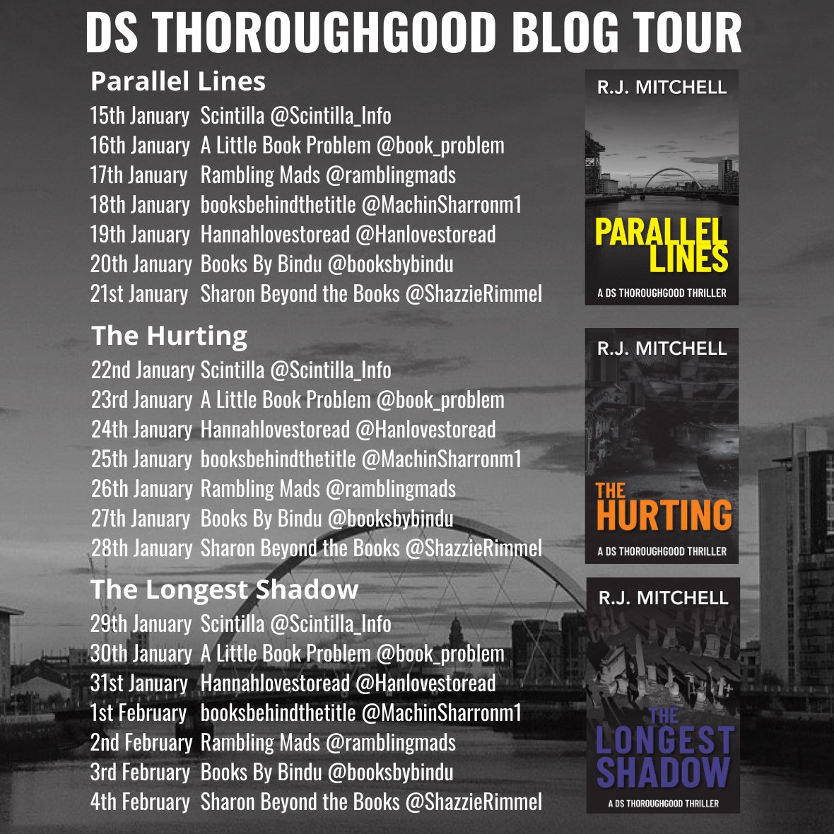 damppebbles's tweet photo. Many thanks to @ramblingmads for hosting today's stop on the #DSThoroughgoodSeries blog tour. It's day 20 of the tour on Wednesday and we'll be with @booksbybindu. Don't miss it! @spitfiremedia @MJPGroup @DamppebblesBTs #ParallelLines #TheHurting #TheLongestShadow #CrimeFiction https://t.co/RM5axeFDh6