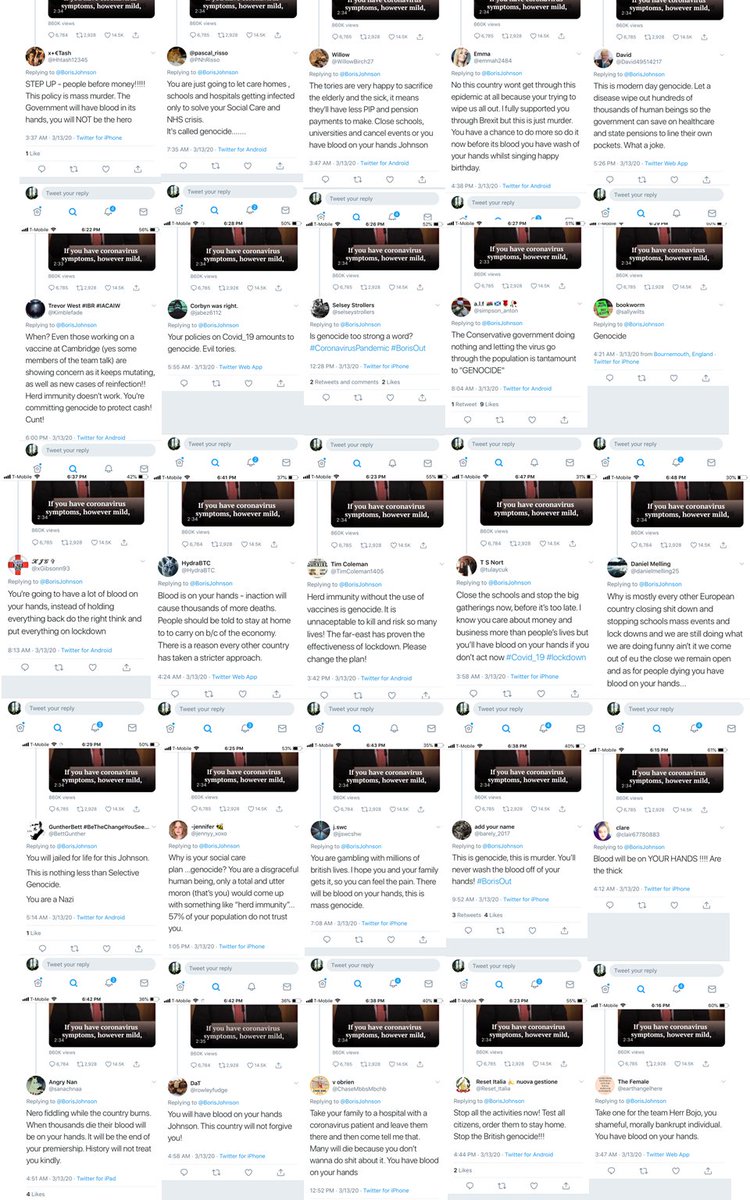 15/ Beginning March 13, Boris Johnson’s Twitter feed was stormed by suspicious accounts likening his initial herd-immunity-focused plan to genocide.