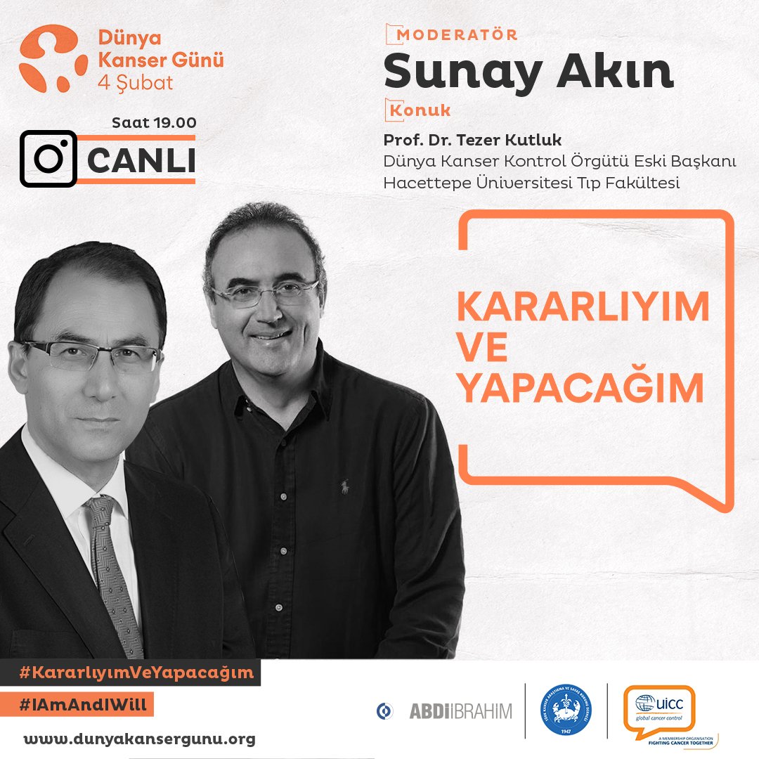 4 Şubat Dunya Kanser Gunu'nde butun Dunya ile ayni anda kanserden ölümleri azaltmak icin birlik oluyoruz. 4 Şubat aksami saat 19:00'da Sn. Sunay Akin'in kisisel instagram hesabindan yapacagimiz canli yayina katililiminizi bekliyoruz. #KararliyimVeYacagim