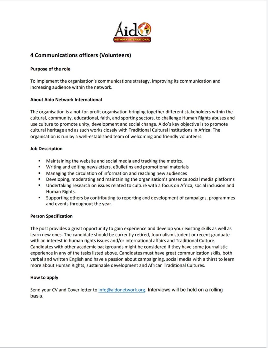 Aido Recruitment Drive
4 Communication officers. (Volunteer) 

Apply by sending your CV and Cover letter to info@aidonetwork.org.