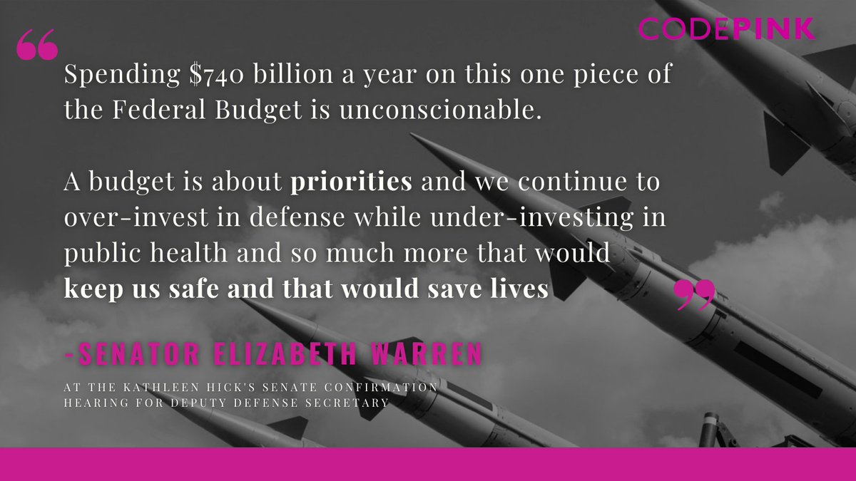 codepink's tweet image. At Kathleen Hick's Senate Confirmation hearing for Deputy Defense Secretary, @SenWarren spoke the truth about our bloated $740 billion Pentagon budget:

💻codepink.org/defundwar