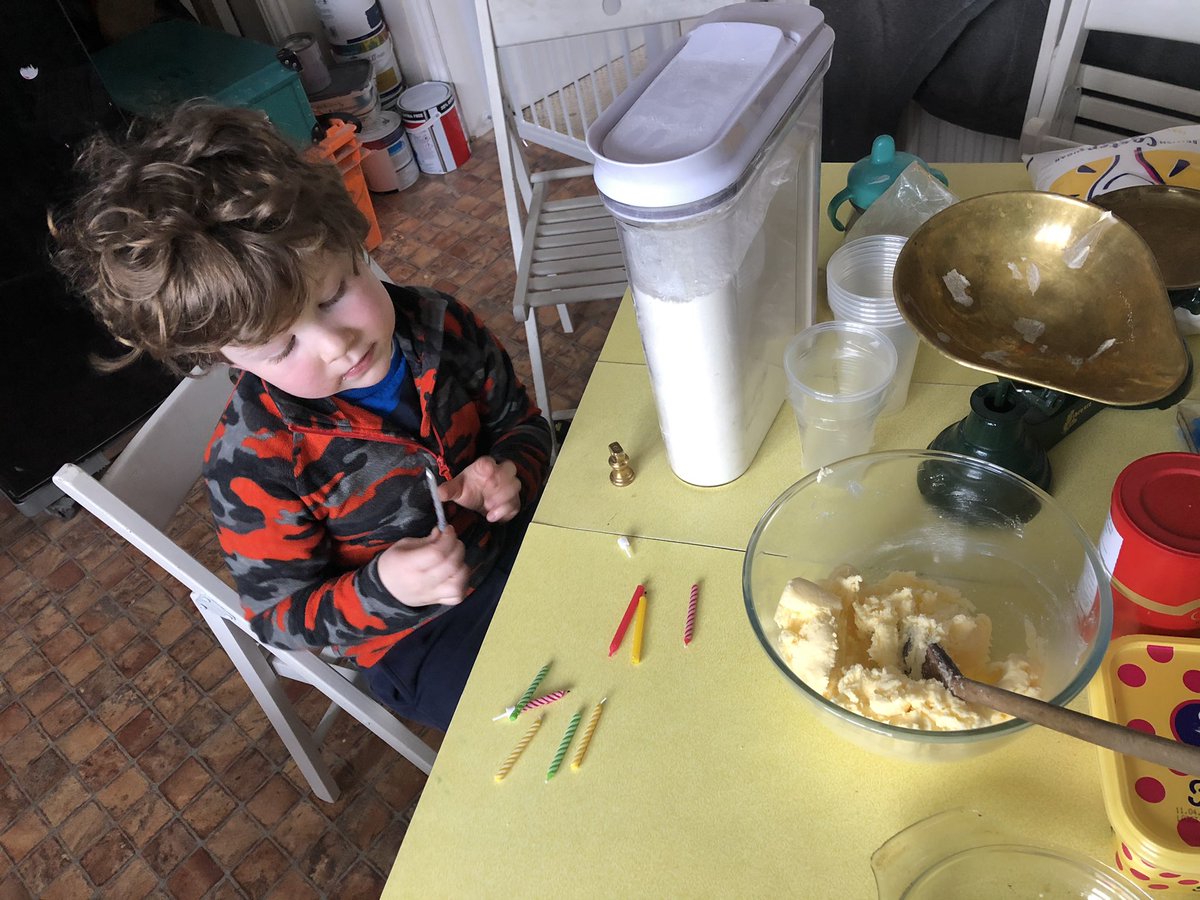 danutawatkinson's tweet photo. @WoodhouseClass  Jack’s done a couple of pages of his homework book and done some cake based maths- we used candles to help him work out what half of 10 was to know how many eggs to use. Later he ate copious amounts of butter cream and got a bit giddy, swings and roundabouts! https://t.co/fIRiSJvDOS