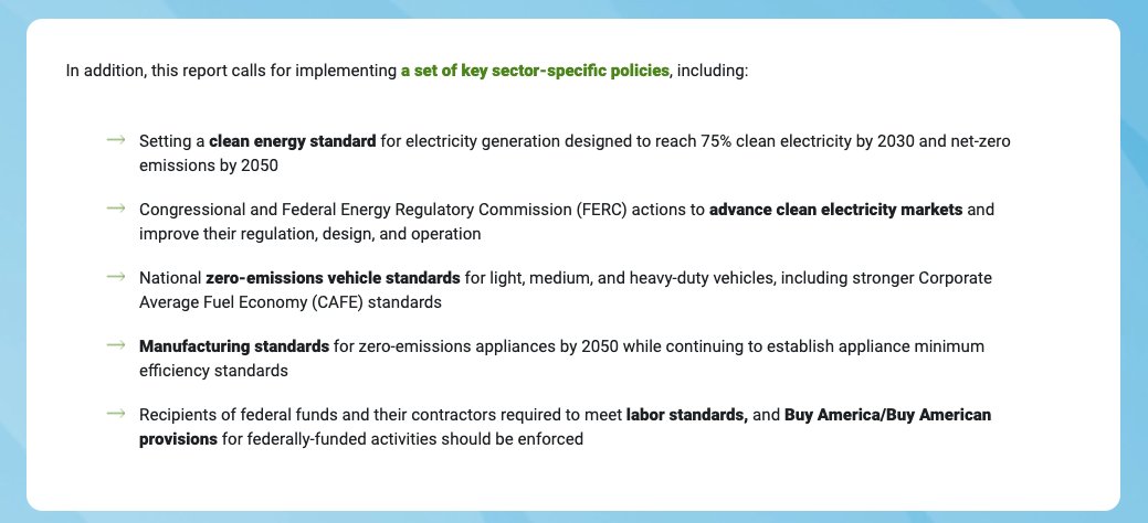 In addition to economy-wide, cross-cutting policies, the report calls for implementing a set of key sector-specific policies, including1. Setting a clean energy standard for electricity generation designed to reach >=75% clean electricity by 2030 and net-zero by 2050 #USDecarb