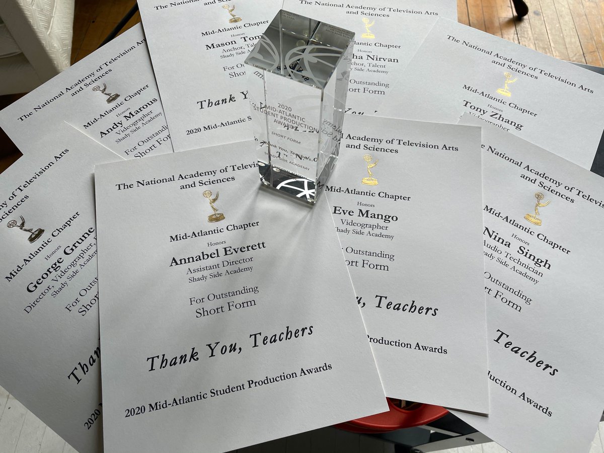 shady_side's tweet photo. In May 2020, the #SSASeniorSchool WSSA-TV Film Club of junior Andy Marous, seniors Eve Mango &amp; Annabel Everett and alumni George Grune ‘20, Mason Tomlin ‘20, Arusha Nirvan ‘20, Nina Singh ‘20 &amp; Tony Zhang ‘20 won the NATAS Mid-Atlantic HS Production Award! Today it was delivered! https://t.co/wO7Z1NeYHZ